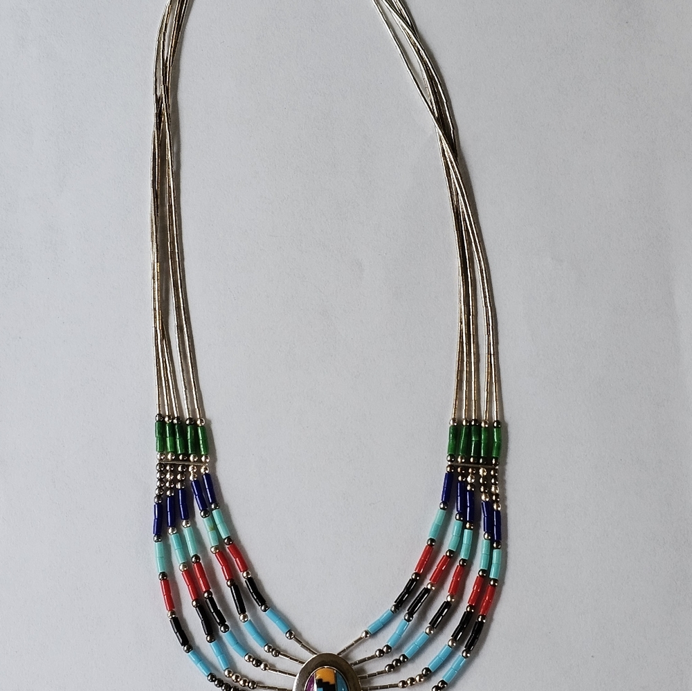 Authentic Turquoise Pendant 5 Strand Heishi Liquid Sterling Silver Necklace - Picture 5 of 5